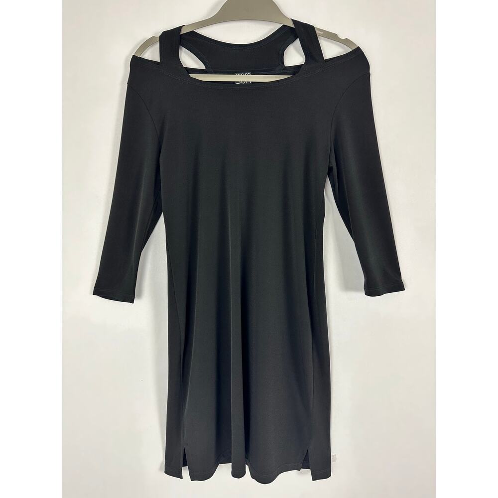 Clara Sun Woo Black Cold Shoulder Tunic Mini Dress Travel Lagenlook LBD Size XS - Picture 3 of 7